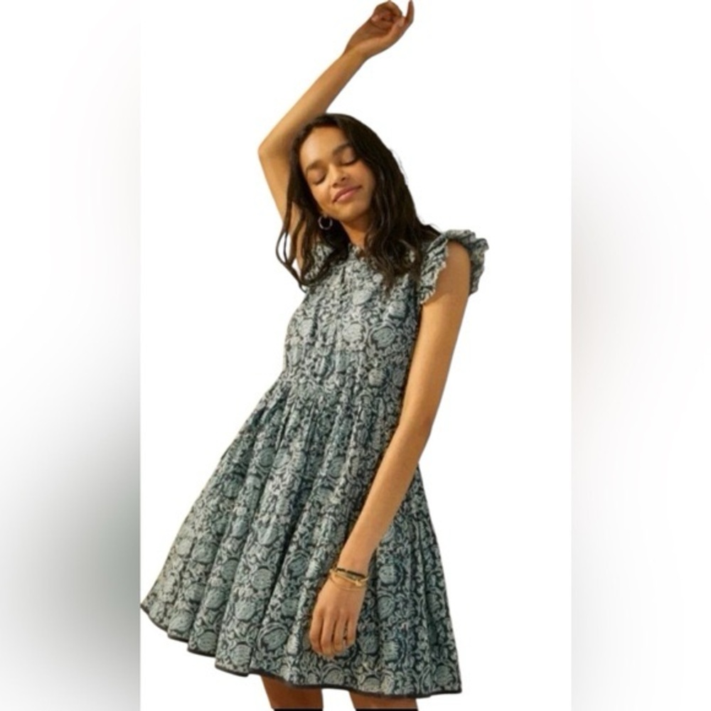 Anthropologie Let Me Be Ivy Ruffled Mini Dress Green Floral Size 2 Boho Chic - Picture 2 of 7